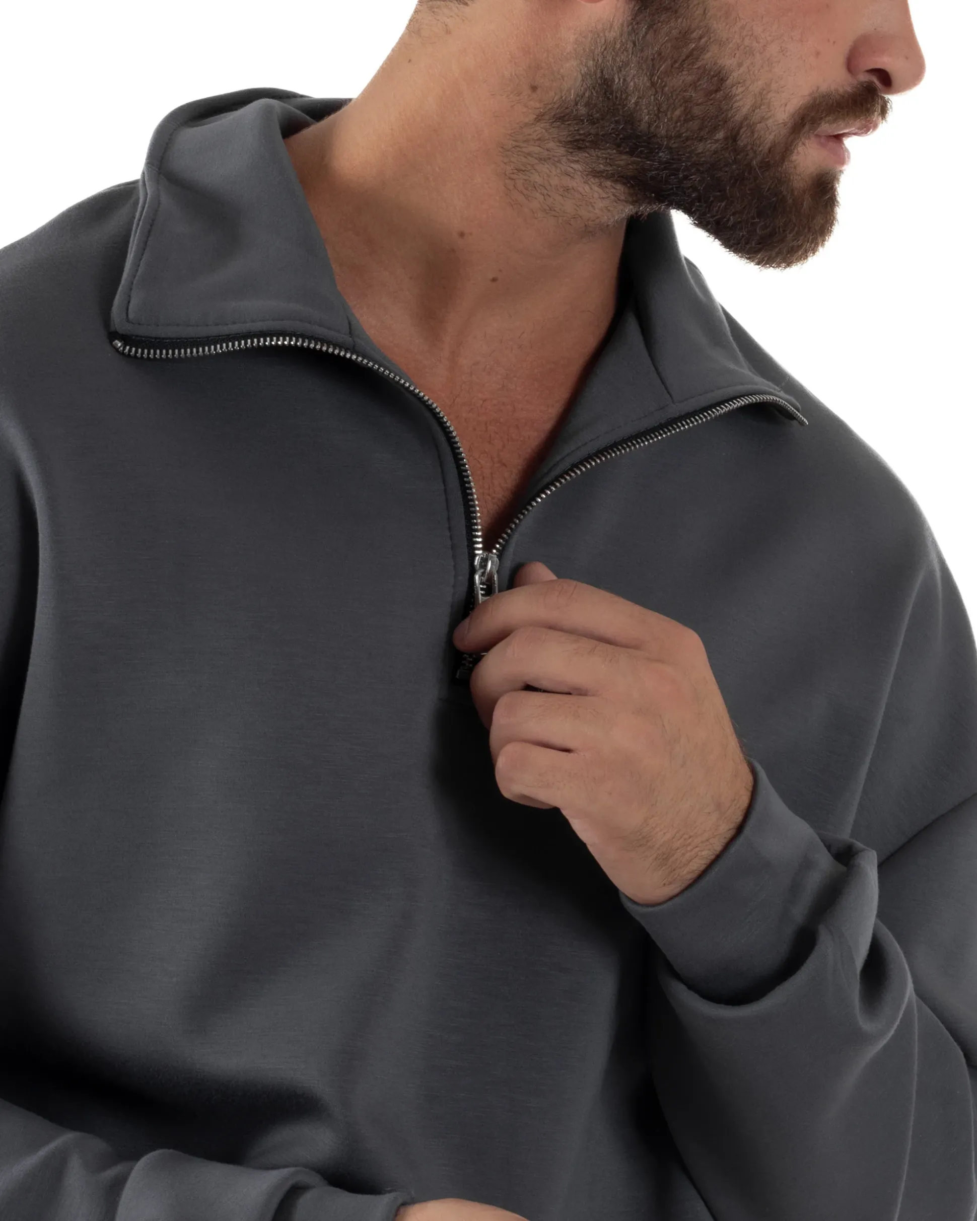 Coordinato Uomo Tuta Felpa Con Colletto Zip Pantaloni Baggy Relaxed Fit Piombo OU2539A