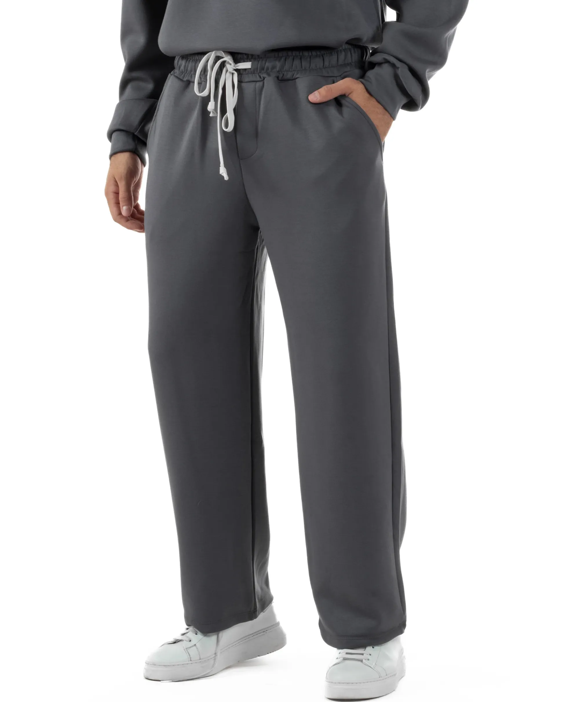Coordinato Uomo Tuta Felpa Con Colletto Zip Pantaloni Baggy Relaxed Fit Piombo OU2539A