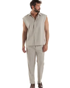 Coordinato uomo viscosa camicia giromanica pantaloni coulisse beige GIOSAL-OU2555A