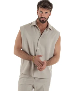 Coordinato uomo viscosa camicia giromanica pantaloni coulisse beige GIOSAL-OU2555A