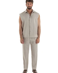 Coordinato uomo viscosa camicia giromanica pantaloni coulisse beige GIOSAL-OU2555A