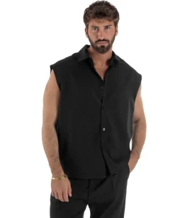 Coordinato uomo viscosa camicia giromanica pantaloni coulisse nero GIOSAL-OU2554A