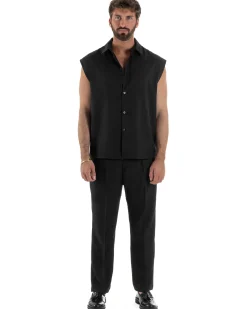 Coordinato uomo viscosa camicia giromanica pantaloni coulisse nero GIOSAL-OU2554A