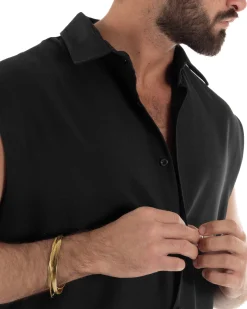 Coordinato uomo viscosa camicia giromanica pantaloni coulisse nero GIOSAL-OU2554A
