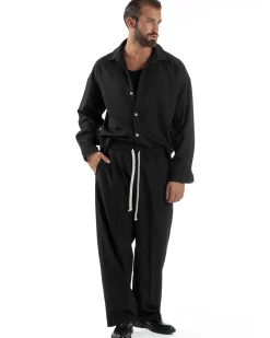 Coordinato Uomo Viscosa Camicia Pantaloni Baggy Casual Nero OU2538A