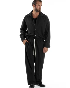 Coordinato Uomo Viscosa Camicia Pantaloni Baggy Casual Nero OU2538A