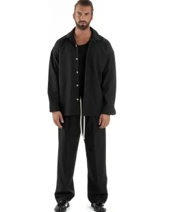 Coordinato Uomo Viscosa Camicia Pantaloni Baggy Casual Nero OU2538A