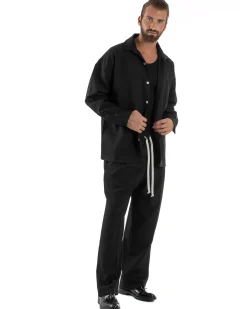 Coordinato Uomo Viscosa Camicia Pantaloni Baggy Casual Nero OU2538A