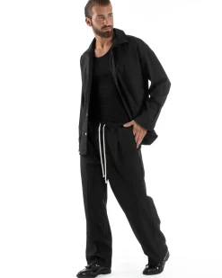 Coordinato Uomo Viscosa Camicia Pantaloni Baggy Casual Nero OU2538A