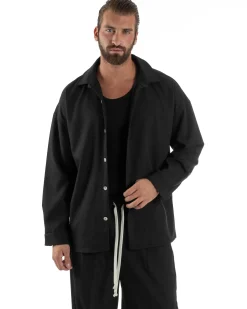 Coordinato Uomo Viscosa Camicia Pantaloni Baggy Casual Nero OU2538A