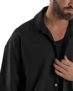 Coordinato Uomo Viscosa Camicia Pantaloni Baggy Casual Nero OU2538A