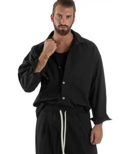 Coordinato Uomo Viscosa Camicia Pantaloni Baggy Casual Nero OU2538A