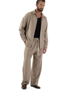 Coordinato Uomo Viscosa Camicia Pantaloni Baggy Casual Beige OU2537A