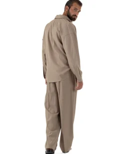 Coordinato Uomo Viscosa Camicia Pantaloni Baggy Casual Beige OU2537A