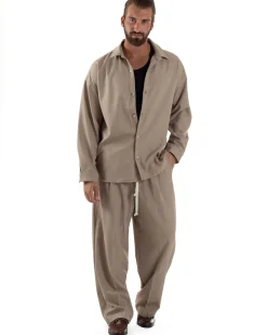 Coordinato Uomo Viscosa Camicia Pantaloni Baggy Casual Beige OU2537A