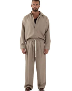 Coordinato Uomo Viscosa Camicia Pantaloni Baggy Casual Beige OU2537A