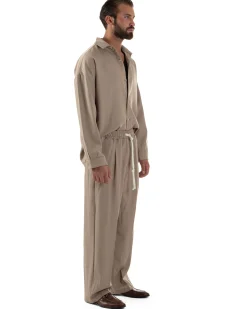 Coordinato Uomo Viscosa Camicia Pantaloni Baggy Casual Beige OU2537A