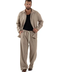 Coordinato Uomo Viscosa Camicia Pantaloni Baggy Casual Beige OU2537A