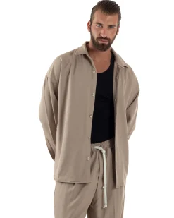 Coordinato Uomo Viscosa Camicia Pantaloni Baggy Casual Beige OU2537A