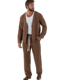 Coordinato viscosa fiammato giacca coreana scollo v pantaloni baggy marrone GIOSAL-OU2571A