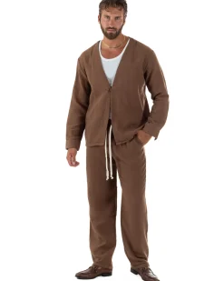 Coordinato viscosa fiammato giacca coreana scollo v pantaloni baggy marrone GIOSAL-OU2571A