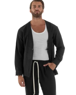 Coordinato viscosa fiammato giacca coreana scollo v pantaloni baggy nero GIOSAL-OU2561A
