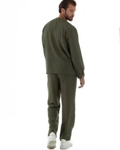 Coordinato viscosa fiammato giacca coreana scollo v pantaloni baggy verde GIOSAL-OU2527A