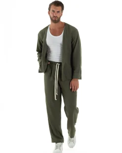 Coordinato viscosa fiammato giacca coreana scollo v pantaloni baggy verde GIOSAL-OU2527A