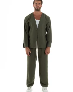 Coordinato viscosa fiammato giacca coreana scollo v pantaloni baggy verde GIOSAL-OU2527A