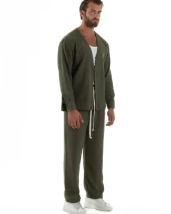 Coordinato viscosa fiammato giacca coreana scollo v pantaloni baggy verde GIOSAL-OU2527A