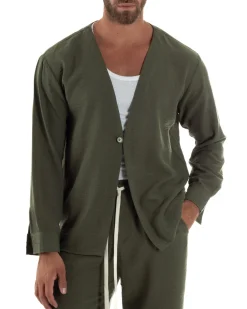 Coordinato viscosa fiammato giacca coreana scollo v pantaloni baggy verde GIOSAL-OU2527A
