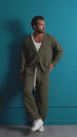 Coordinato viscosa fiammato giacca coreana scollo v pantaloni baggy verde GIOSAL-OU2527A