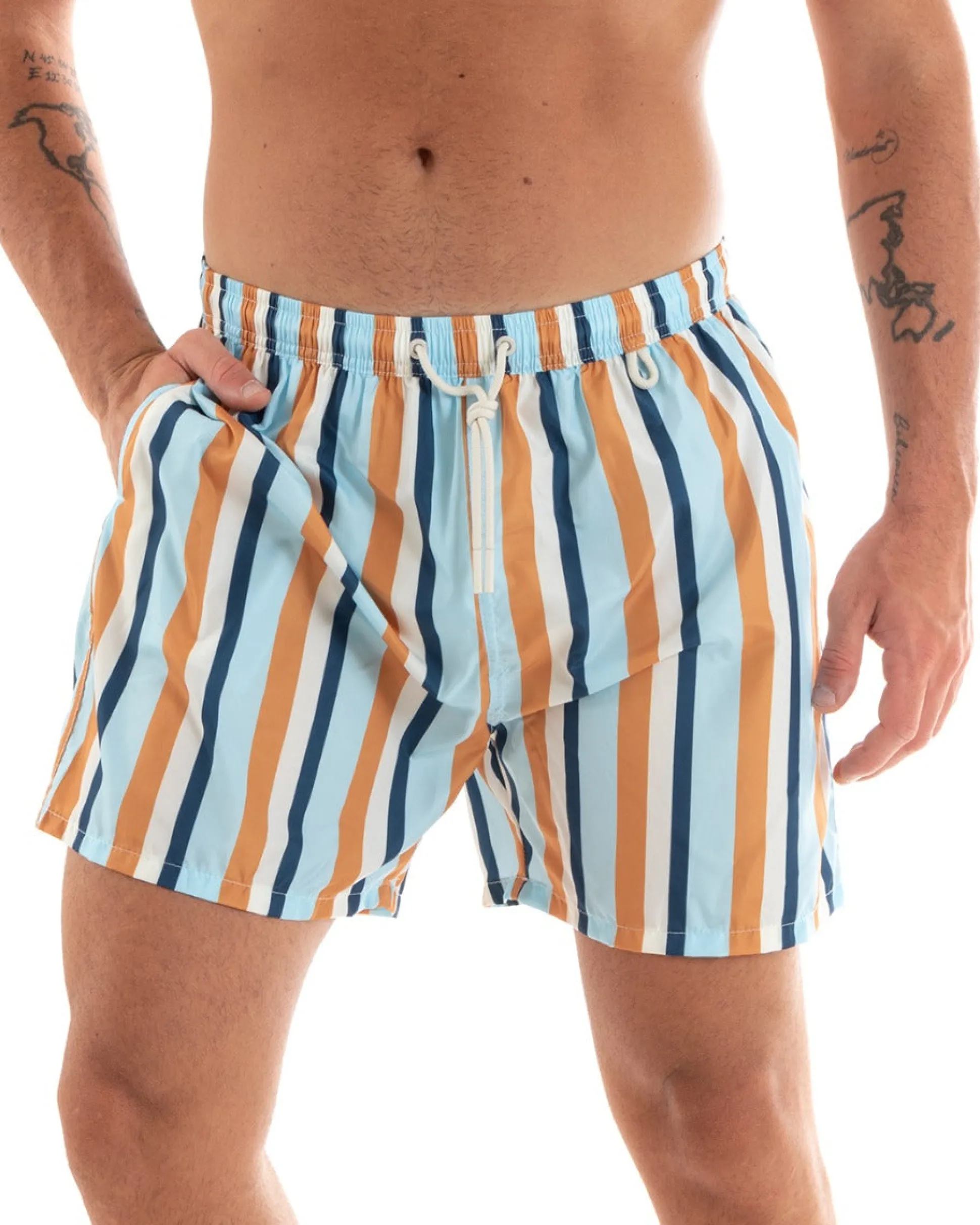 Costume Uomo Boxer Summer Fantasia a Righe Elastico Celeste Tasche GIOSAL-SU1199A