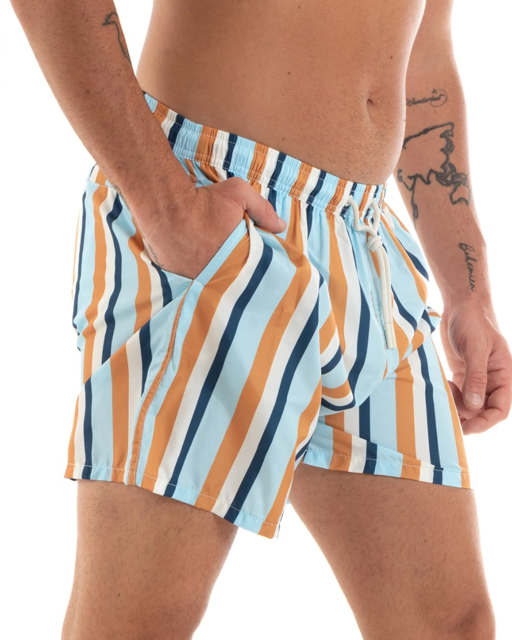 Costume Uomo Boxer Summer Fantasia a Righe Elastico Celeste Tasche GIOSAL-SU1199A