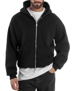 Felpa Boxy Fit Cappuccio E Zip Basic Felpata Nero F3061A