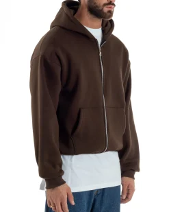 Felpa Boxy Fit Cappuccio E Zip Basic Felpata Marrone F3064A