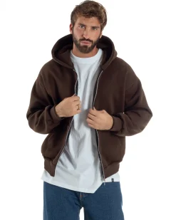 Felpa Boxy Fit Cappuccio E Zip Basic Felpata Marrone F3064A