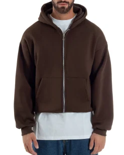 Felpa Boxy Fit Cappuccio E Zip Basic Felpata Marrone F3064A