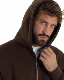 Felpa Boxy Fit Cappuccio E Zip Basic Felpata Marrone F3064A