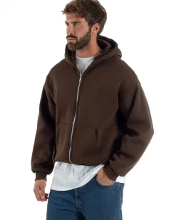 Felpa Boxy Fit Cappuccio E Zip Basic Felpata Marrone F3064A