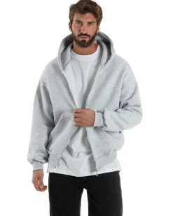 Felpa Boxy Fit Cappuccio E Zip Basic Felpata Grigio Chiaro F3059A