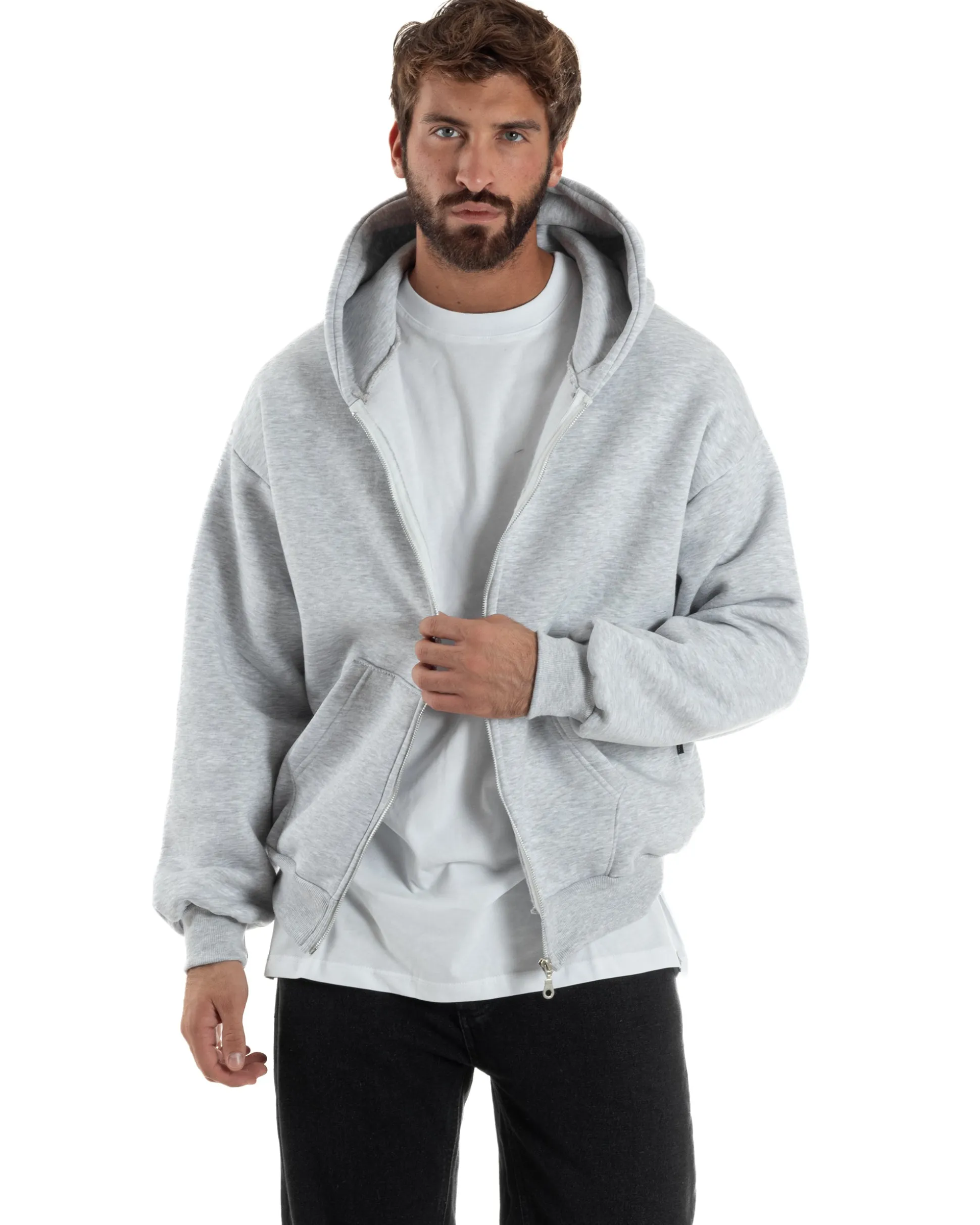 Felpa Boxy Fit Cappuccio E Zip Basic Felpata Grigio Chiaro F3059A
