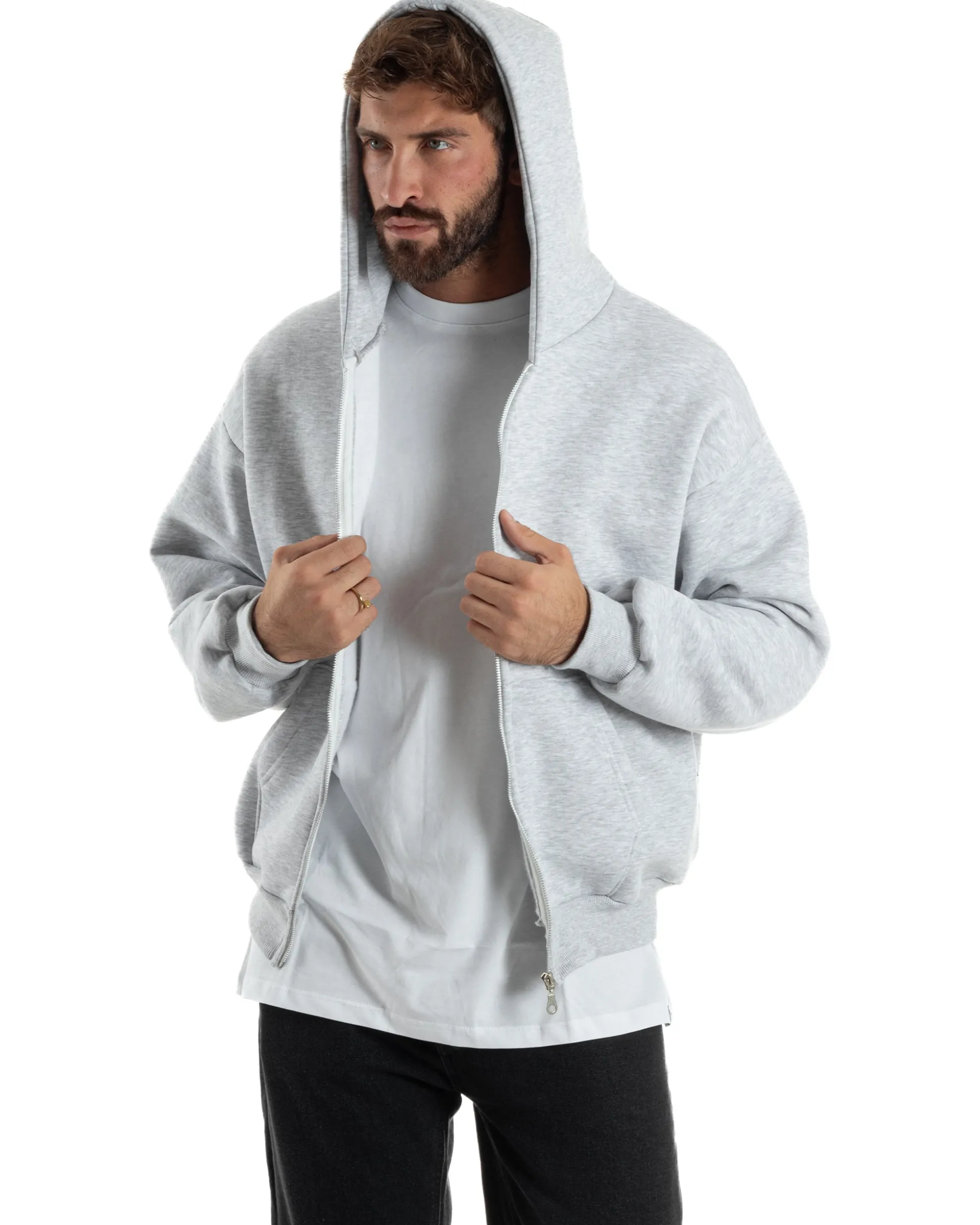 Felpa Boxy Fit Cappuccio E Zip Basic Felpata Grigio Chiaro F3059A