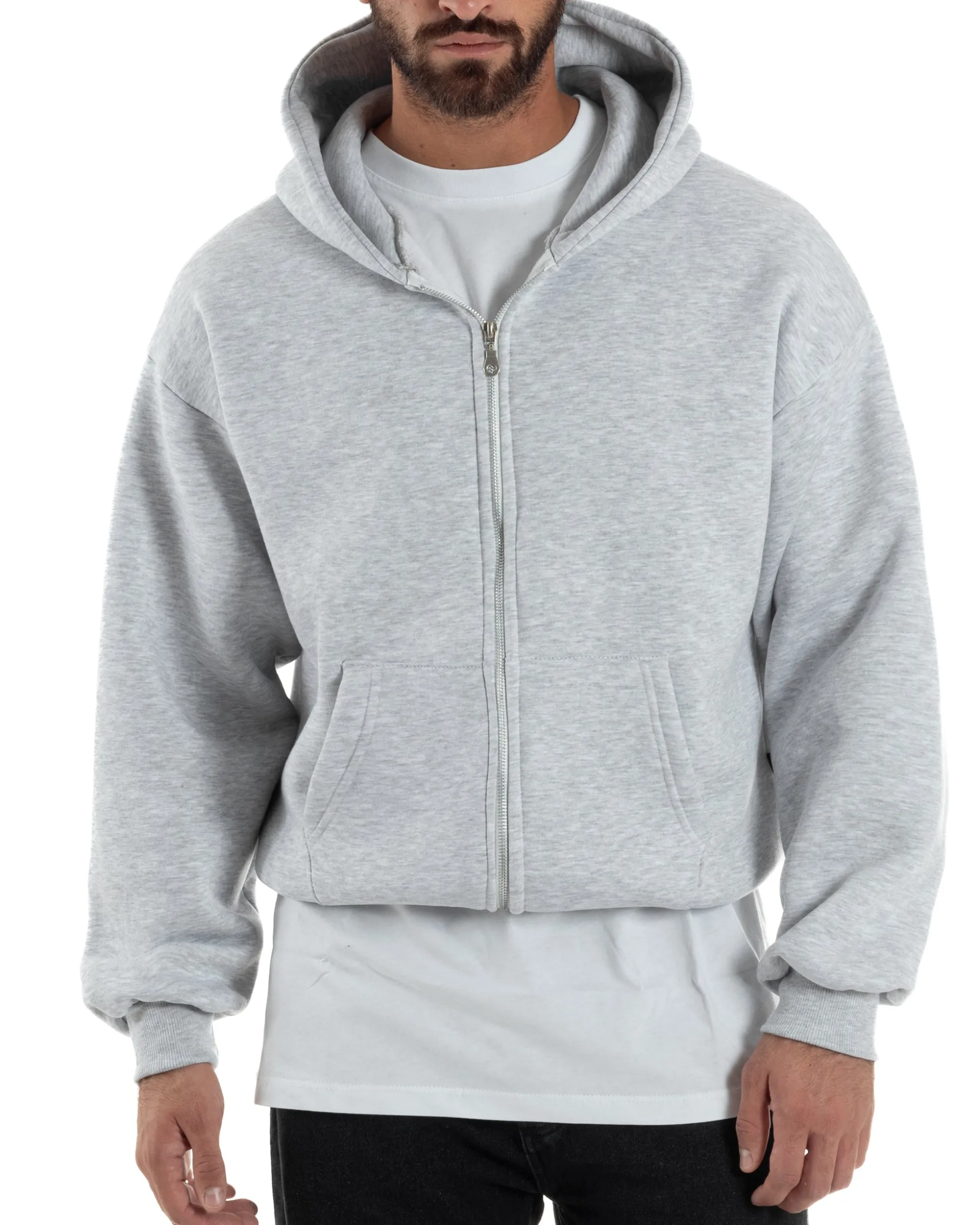 Felpa Boxy Fit Cappuccio E Zip Basic Felpata Grigio Chiaro F3059A