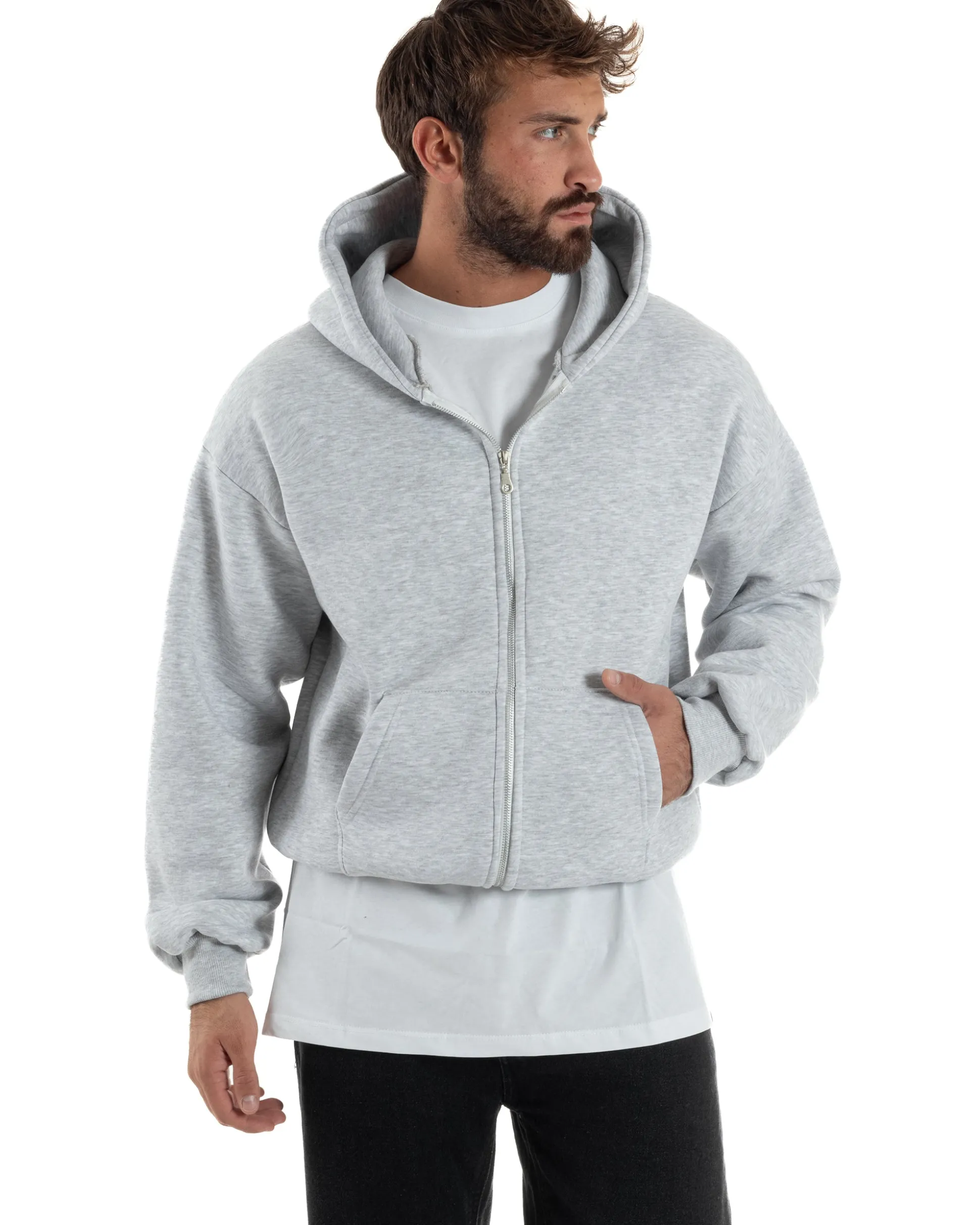 Felpa Boxy Fit Cappuccio E Zip Basic Felpata Grigio Chiaro F3059A