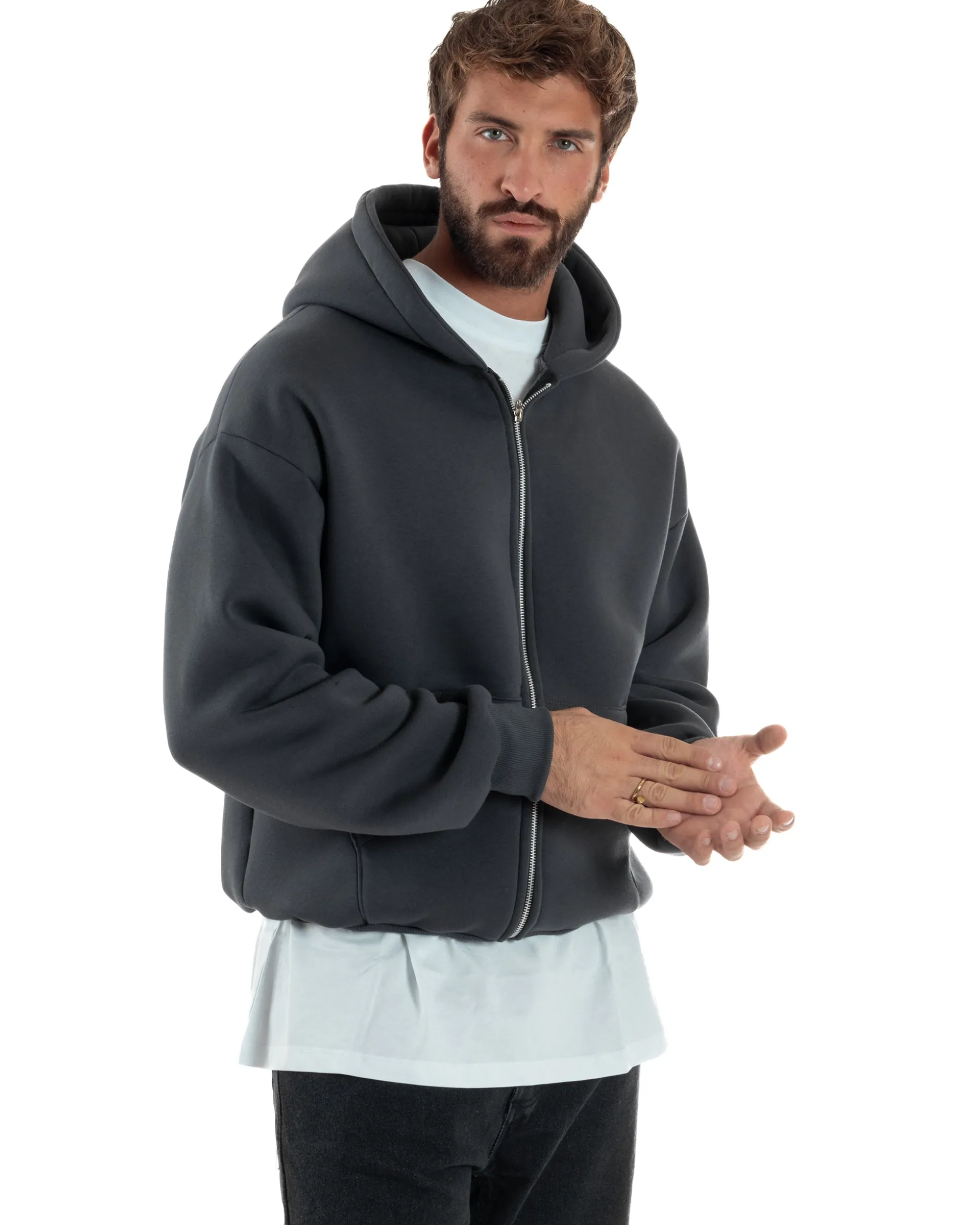 Felpa Boxy Fit Cappuccio E Zip Basic Felpata Piombo F3060A