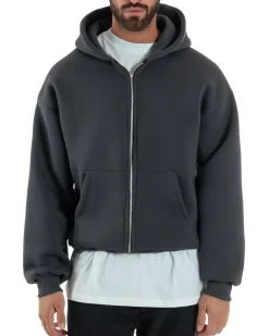 Felpa Boxy Fit Cappuccio E Zip Basic Felpata Piombo F3060A