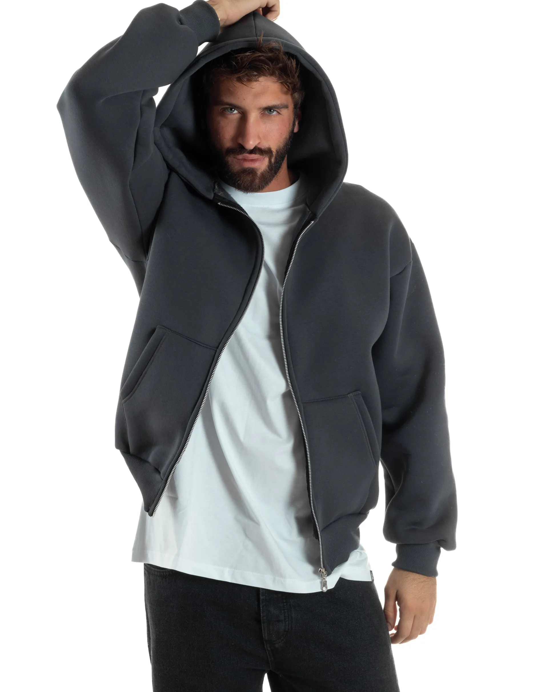 Felpa Boxy Fit Cappuccio E Zip Basic Felpata Piombo F3060A
