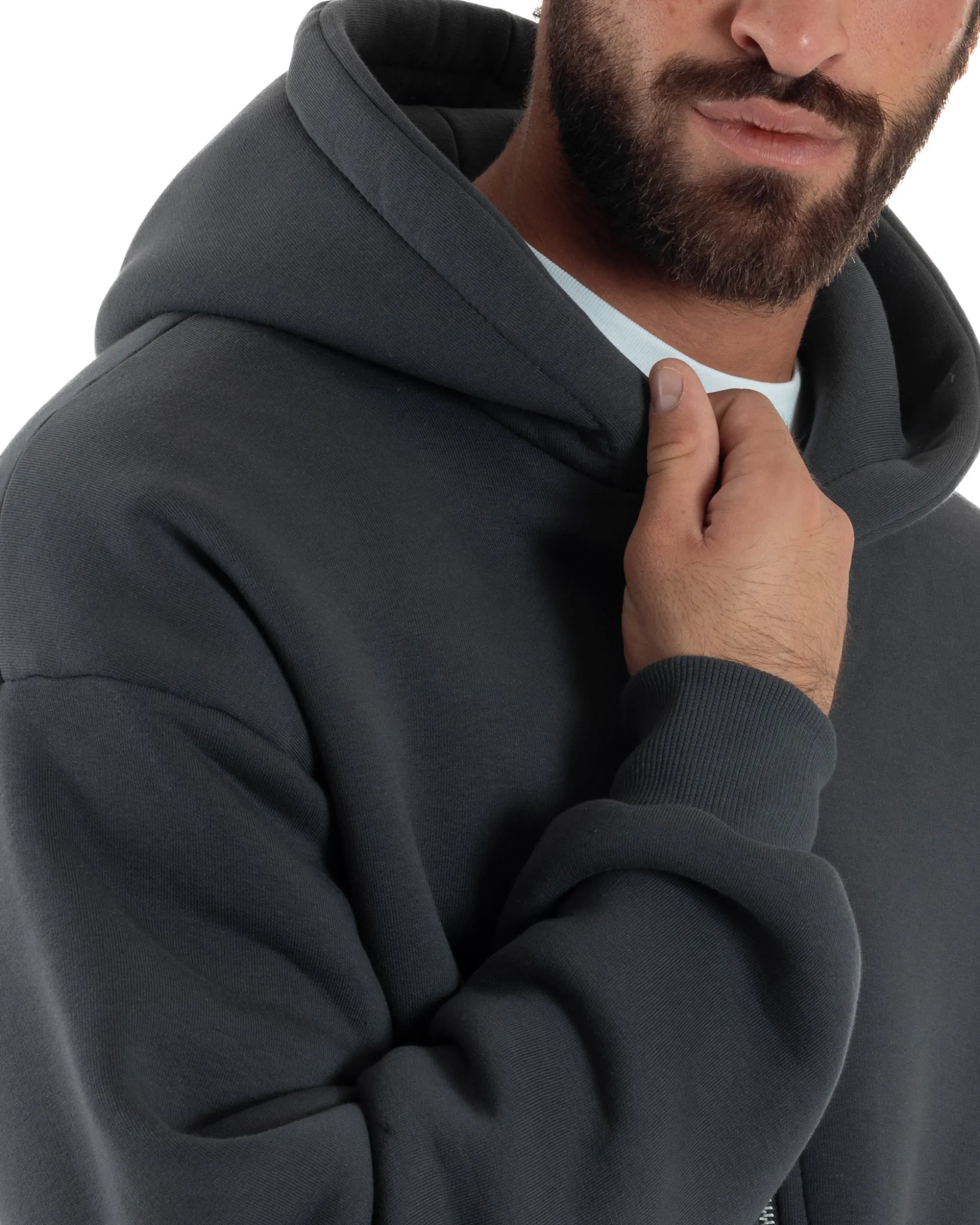 Felpa Boxy Fit Cappuccio E Zip Basic Felpata Piombo F3060A
