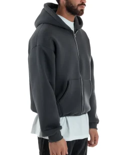 Felpa Boxy Fit Cappuccio E Zip Basic Felpata Piombo F3060A
